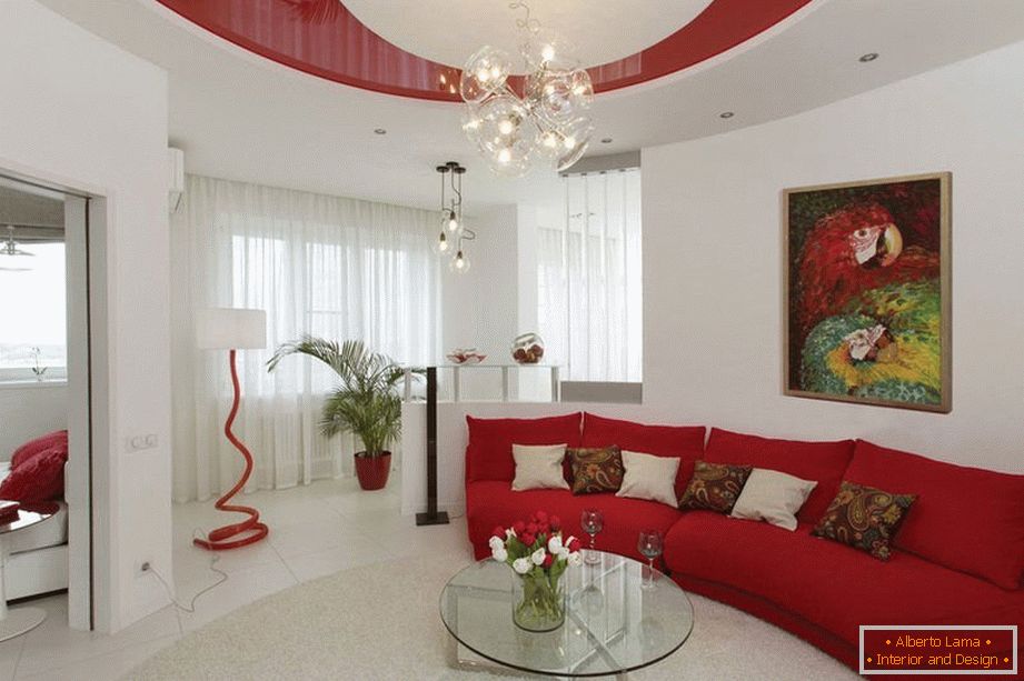 Obývacia miestnosť v bielej a červenej farbe