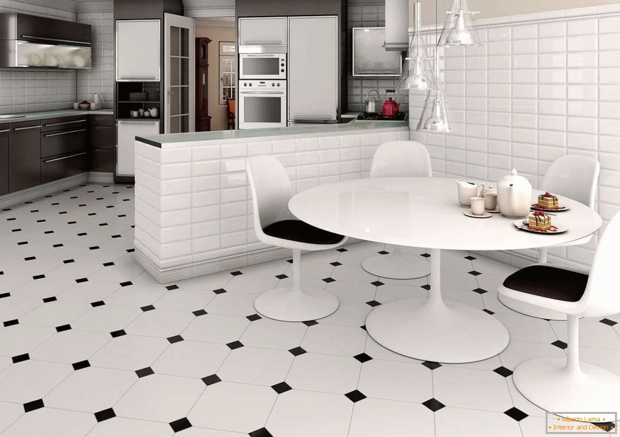 Biele a čierne dlaždice na podlahe v kuchyni