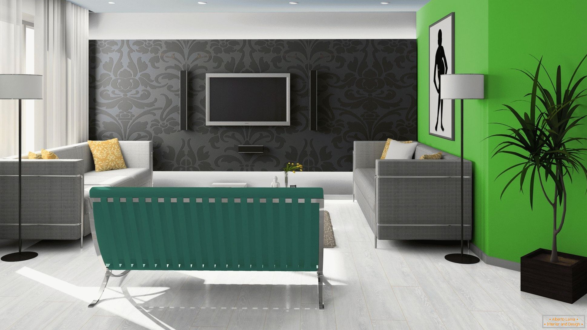 Čierna, zelená a biela v dizajne obývacej izby