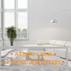 Obývacia izba v bielej farbe s veľkým rohovým oknom