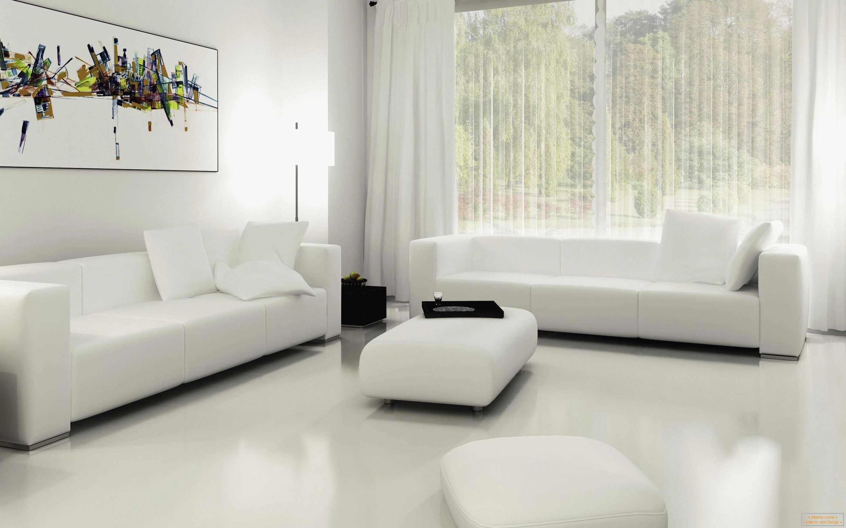 Biela obývacia izba s oknom v podlahe