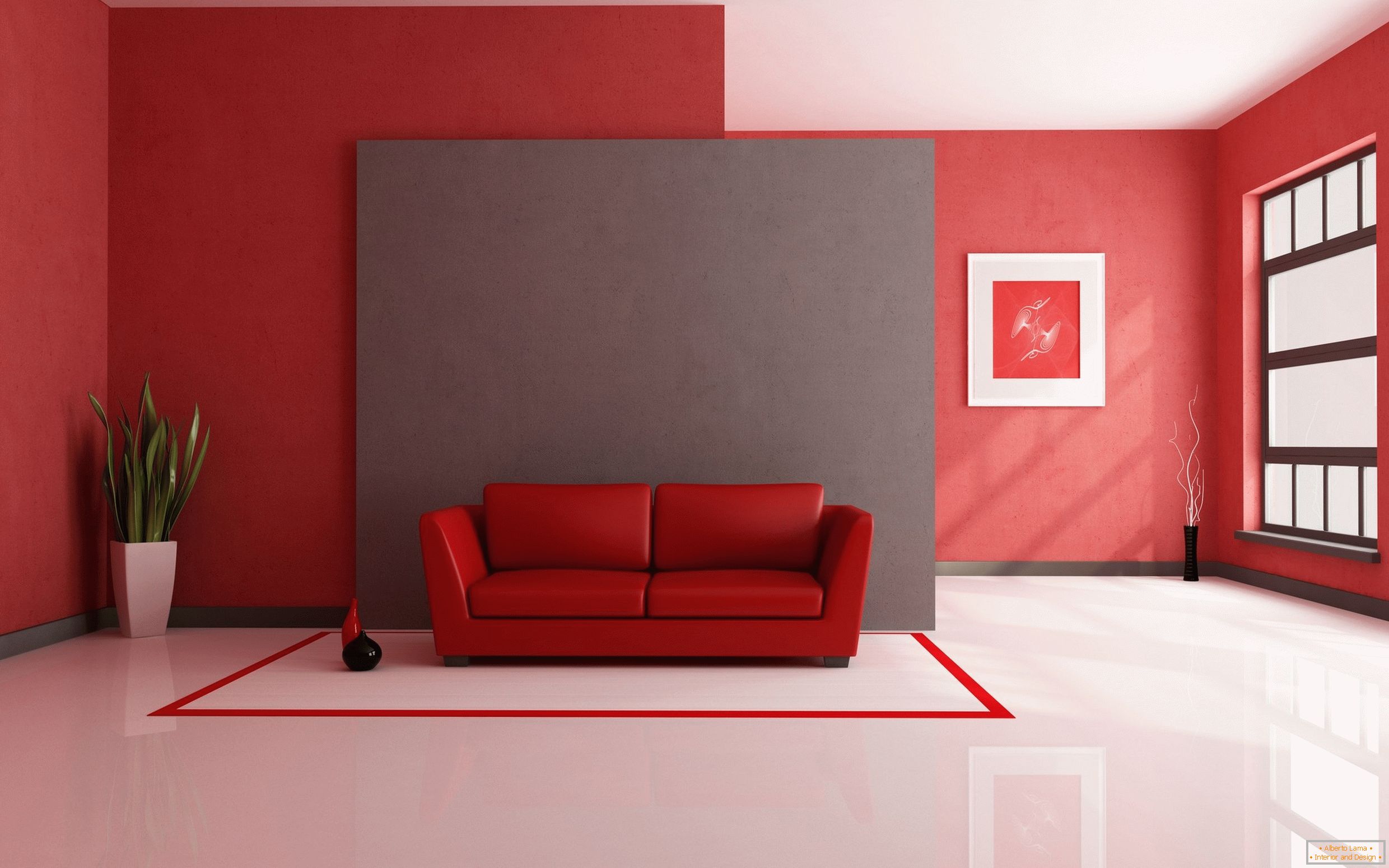 Biela podlaha v kombinácii s červenými dokončovacími materiálmi a interiérovými prvkami