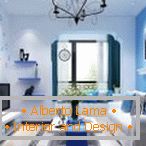 Biela podlaha v kombinácii s modrými odtieňmi dokončovacích materiálov a interiérových predmetov