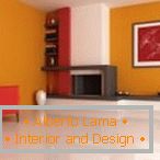 Kombinácia oranžovej, červenej a bielej v dizajne obývacej izby