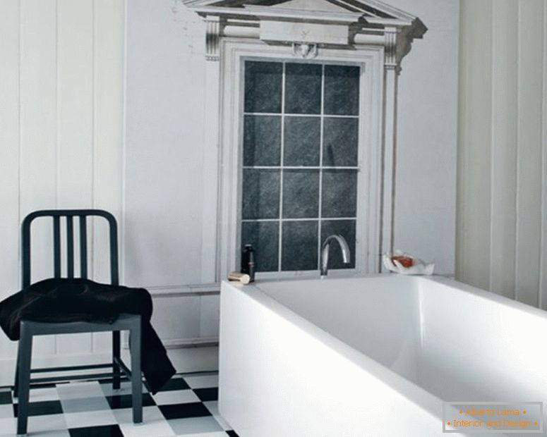 black-and-white-traditional-interior-kúpeľroom-design-white-corian-square-kúpeľtub-black-and-white-floor-tile-vintage-plastic-stool-white-wood-frame-window-black-and-white-kúpeľroom-ideas-interior-kúpeľ