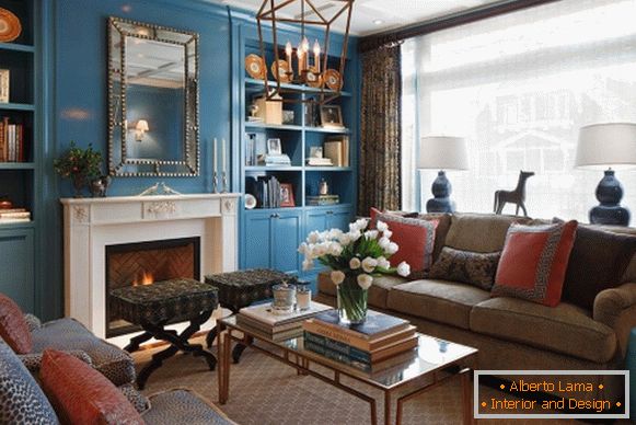 Indigo nábytok a dekor v dizajne obývacej izby