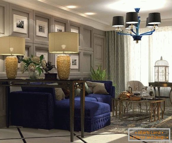 Návrh obývacej izby so zlatým a modrým dekorom