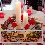 Dekorácia stola so sviečkami a okvetnými lístkami ruží
