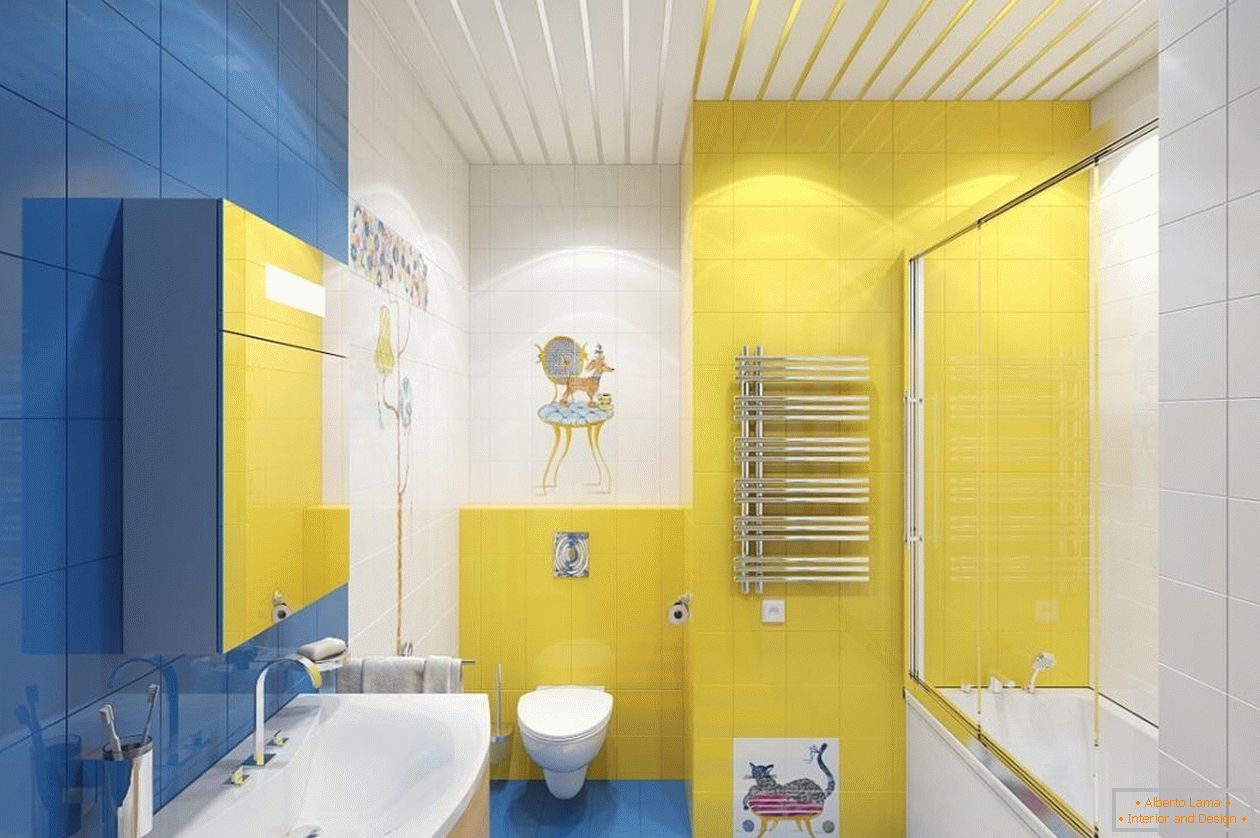 Modrá, žltá a biela v interiéri kúpeľne