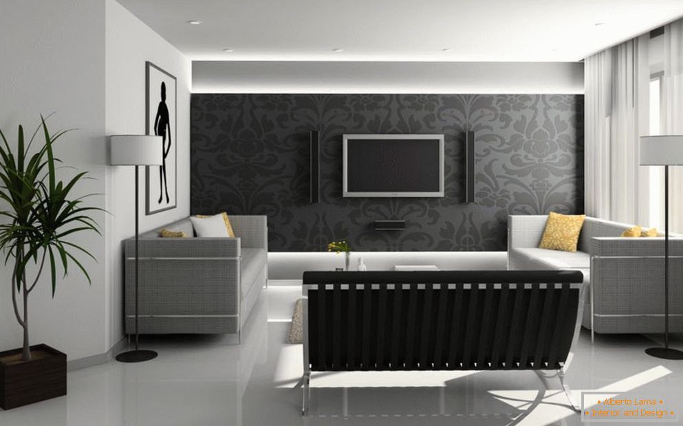 Obývacia izba v high-tech štýle so svietidlami