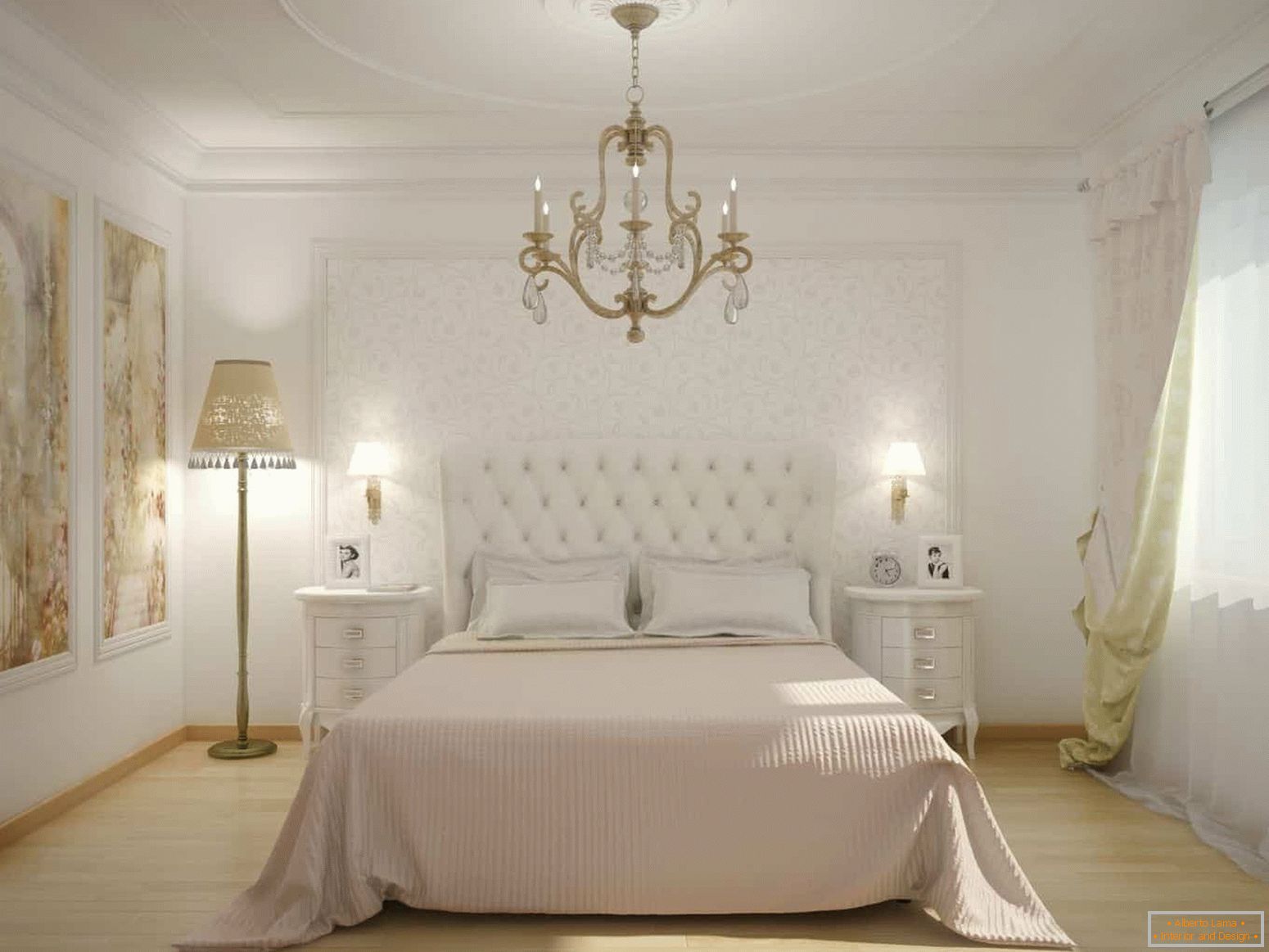 Klasická biela spálňa s panelom na stene
