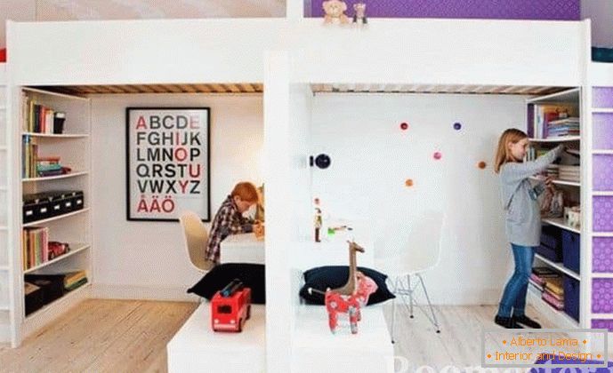 Detská izba pre deti rôznych pohlaví, rozdelená na dva priestory