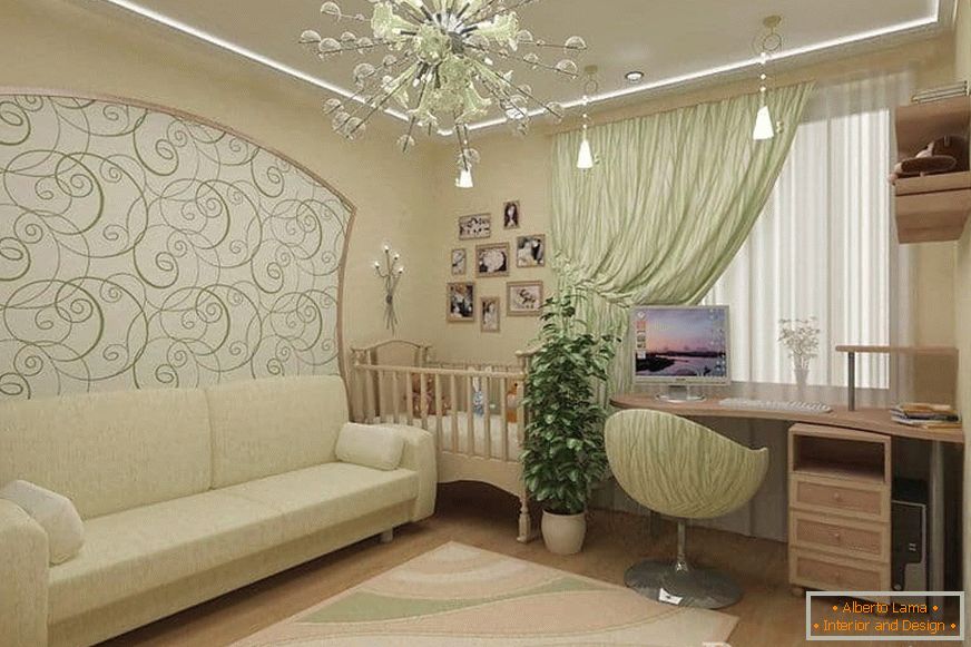 Obývacia izba a detská postieľka v jednej miestnosti