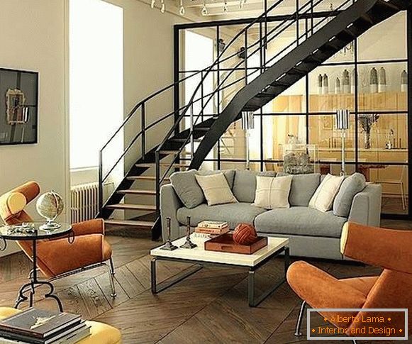 Moderný kuchynský dizajn obývacej izby so schodiskom v súkromnom dome