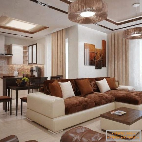 Moderný dizajn obývacej izby v súkromnom dome v bielej a hnedej farbe