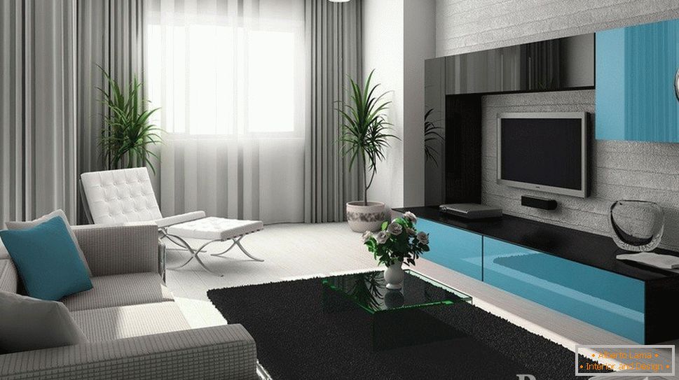 Sivý modrý interiér obývacej izby