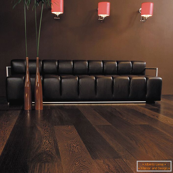 Wenge laminát v obývačke dokonale spája čalúnený nábytok s čokoládovým čalúnením. Izba pre hostí v tmavých farbách, napriek jeho jednoduchosti a lakonickému dizajnu, je jedným z najluxusnejších dizajnových možností.