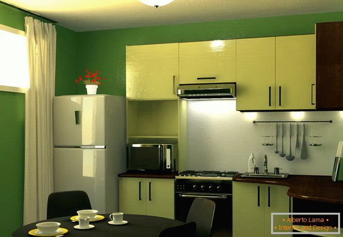 Zelená je farbou pokoja a harmónie. Kuchynská plocha 9 m2 v tejto farebnej schéme - vynikajúce riešenie pre dizajn každého mestského bytu.