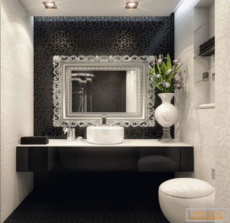 Krásna-interiér-design-of-malá izba-s-black-and-white-kúpeľňa-dekorácie-i-lámp