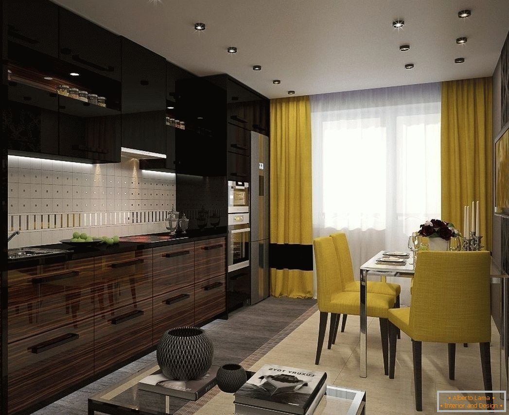 Čierny a žltý interiér kuchyne