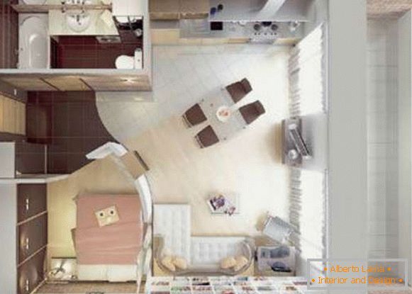 dizajn kuchyne v kombinácii s obývacou izbou malého priestoru, foto 53