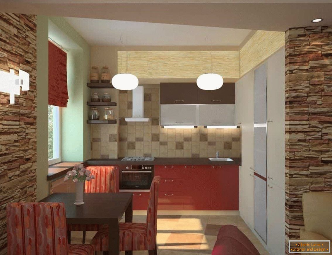 Umelý kameň v dekorácii stien v obývacej izbe v kombinácii s kuchyňou v Chruščov