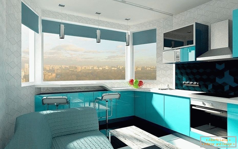 Dizajn dizajnu kuchyne v bobule s farbou okna s čítačkou pri okne