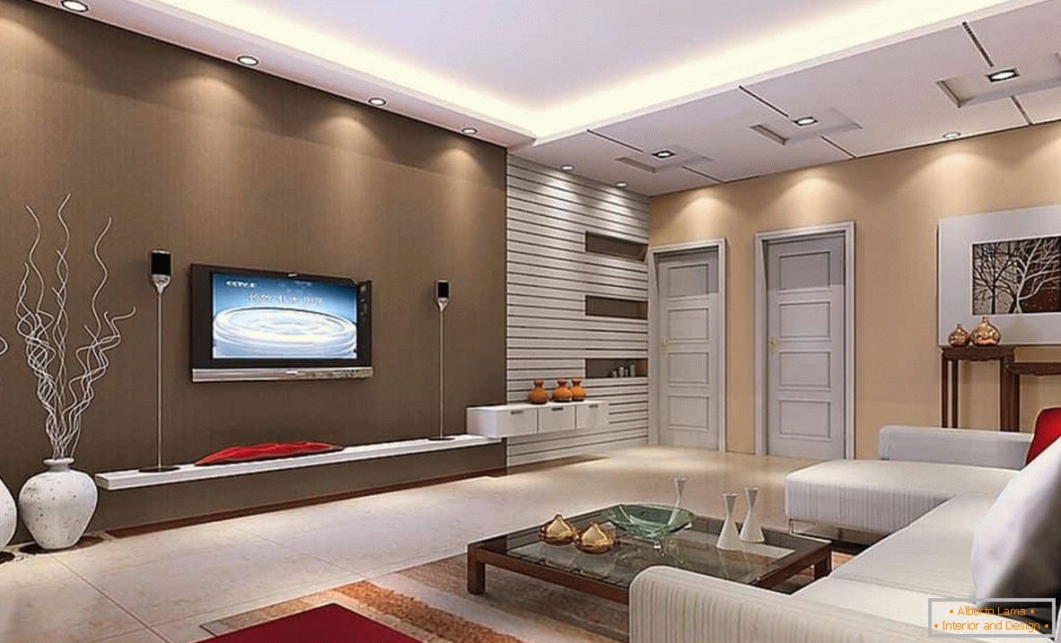 Priestranná obývacia izba štvorcového tvaru v high-tech štýle