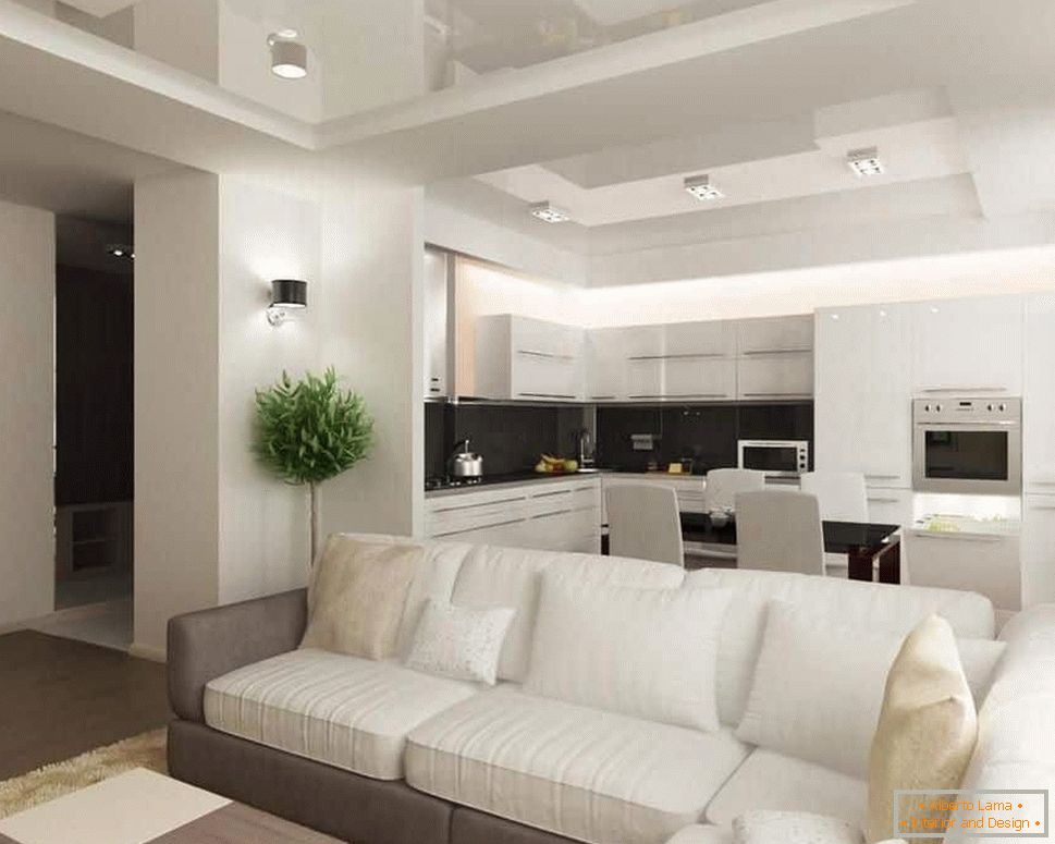 Obývacia izba štvorcového tvaru kombinovaná s kuchyňou