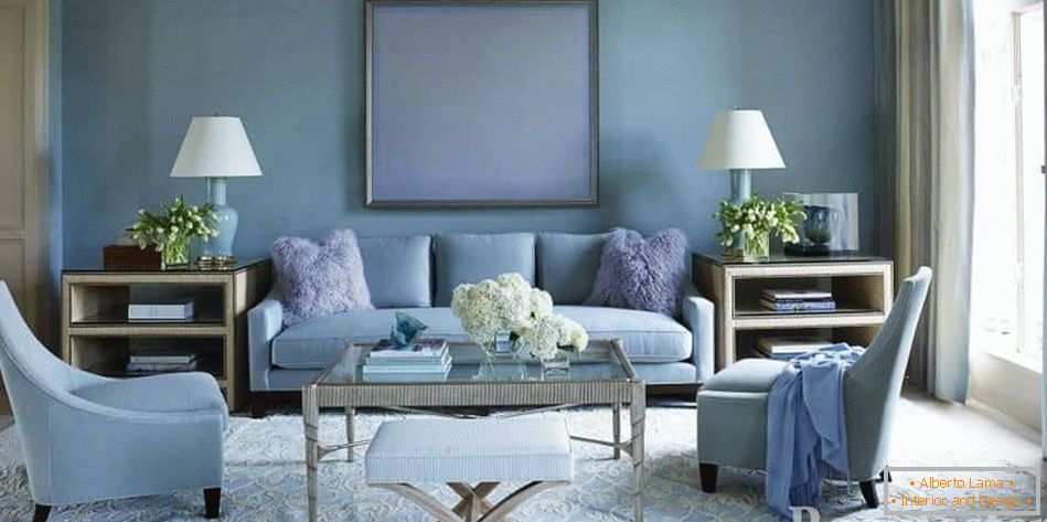 Štýlový štvorcový obývacia izba v odtieňoch modrej