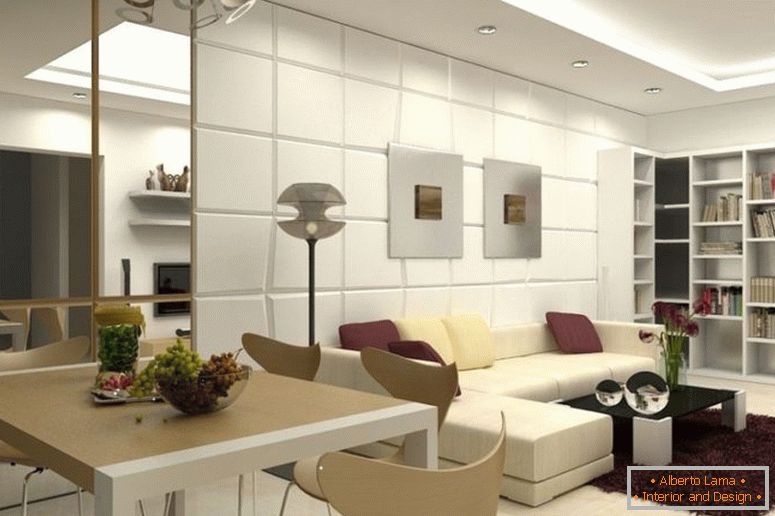 inšpirujúca-moderné jedáleň a obytná miestnosť-design-for-malého bytu-s-béžovej koženky rez-rozkladací-and-čierne sklo-coffee-tabuľky-on-ružové-hnedo-koberce-pomoc sa dobre as-cool-rohové drevená-regály-1120x7