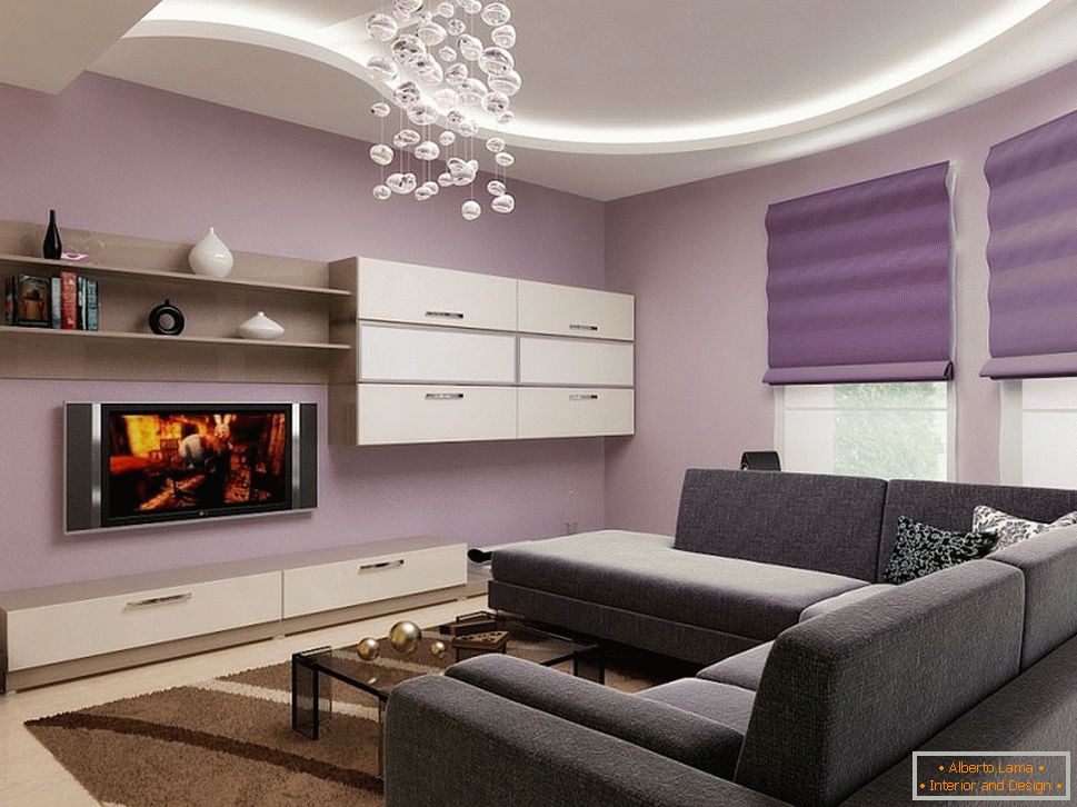 Fialová a čierna v dizajne obývacej izby