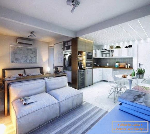 Nápady na dizajn štúdiových apartmánov 30 m2 - foto obývacej izby, spálne a kuchyne
