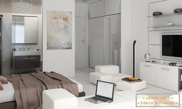Dizajnový byt 25 m2 v bielej farbe a svetlých farbách