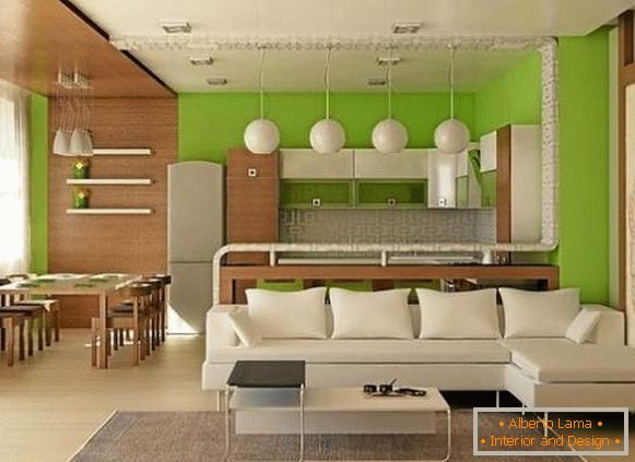 Projektový projekt štúdiového bytu 25 m2 v bielej, zelenej a hnedej tóne