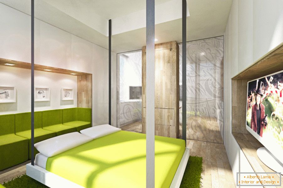 Byt design transformátor: posteľ v obývacej izbe