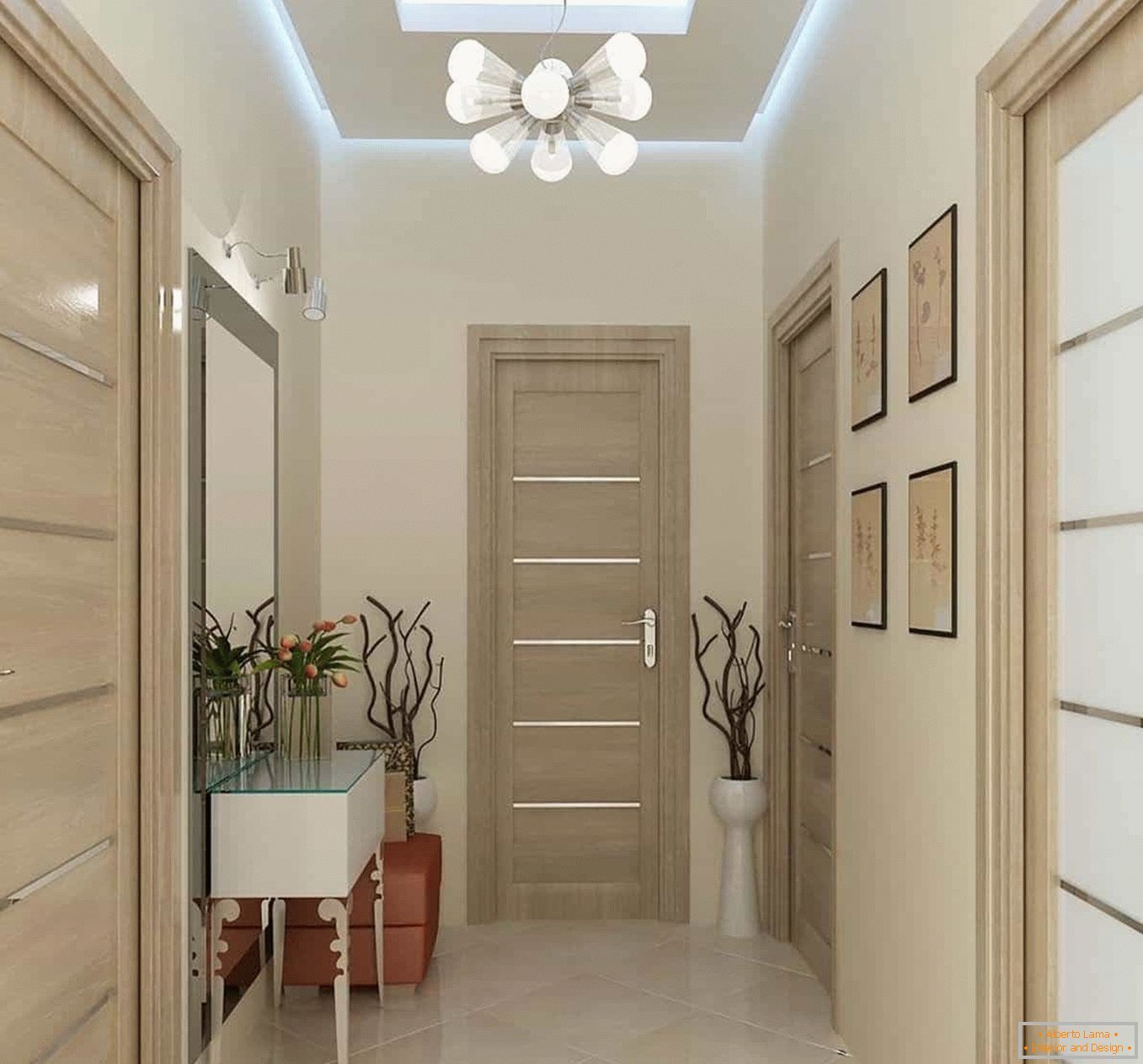Svetlý koridor, kombinácia farieb stien a dverí
