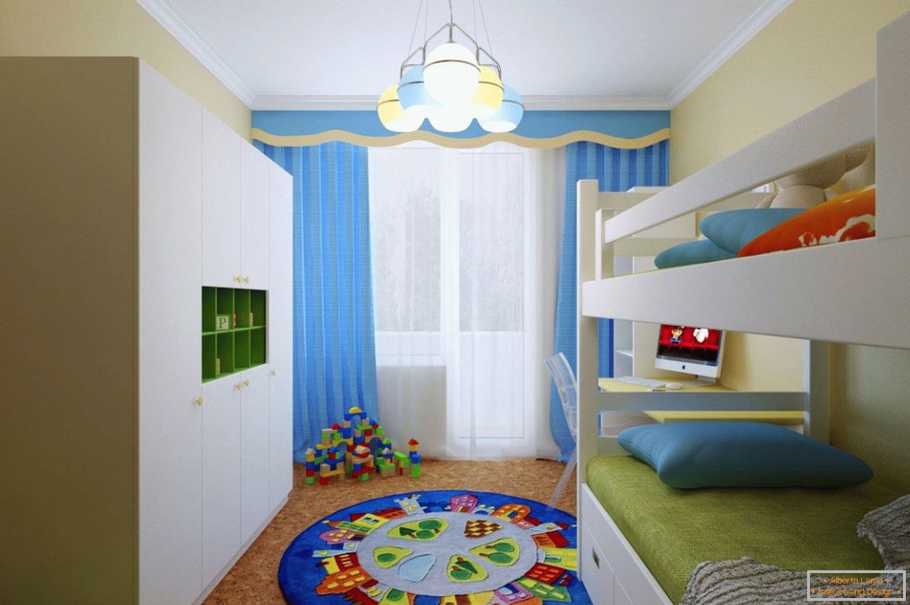 Modré záclony v miestnosti pre chlapca