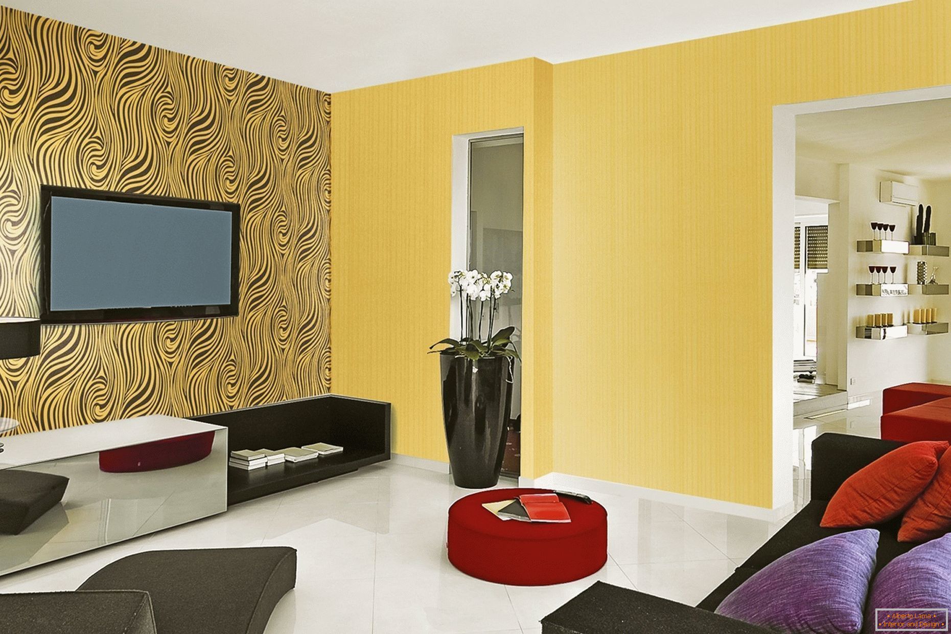 Žlté steny a biela podlaha v obývacej izbe