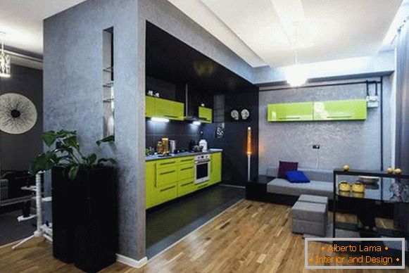 Interiérový dizajn jednopokojového bytu s kombinovanou kuchyňou