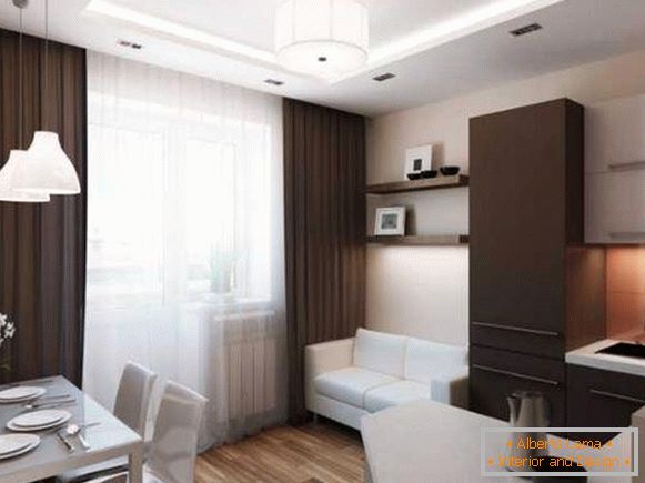 Návrh malého jednopokojového apartmánu: kuchyňa v hale a samostatná spálňa