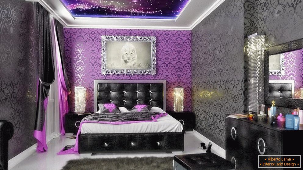 Čierna a fialová tapeta v spálni