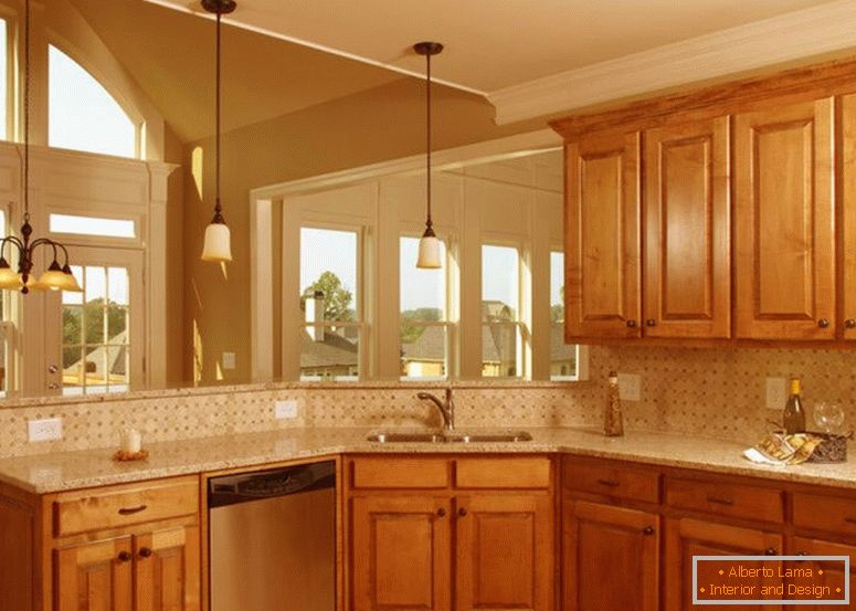 Tradičné-medium-wood-small-kuchyňa-design-feat-rohový drez-and-moderná kuchyňa backsplash-Design-nápady-plus atraktívny visiace lampa-design-plus-light-hnedo-wood-povrchy- nápady
