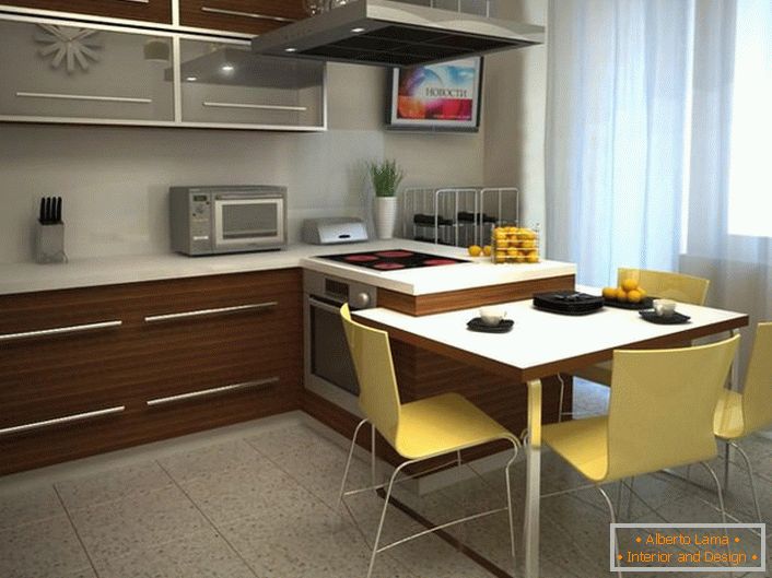Projektový projekt pre kuchyňu o rozlohe 12 metrov štvorcových. Správne zvolený variant nábytku umožňuje ušetriť užitočný priestor.