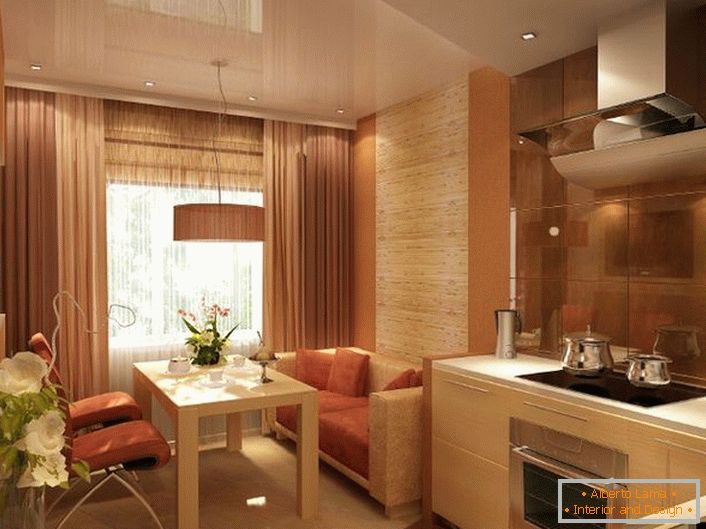 Luxusná kuchyňa pre malý byt v secesnom štýle. 12 štvorcov môže byť tiež priestranné a ľahké.