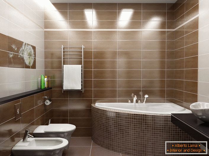 Na výzdobu kúpeľne v modernom štýle sa použil panel s púpaňom. Jednoduché, nekomplikované detaily interiéru v modernom štýle. 