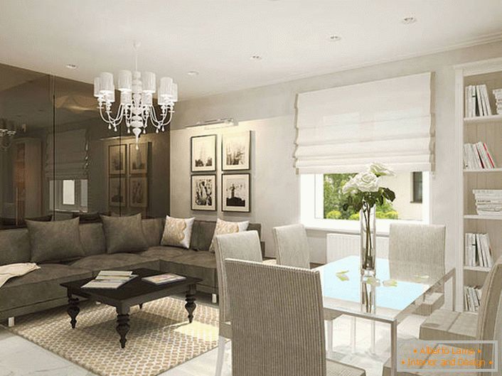 Obývacia izba v modernom štýle je kompetentne rozdelená na rekreačnú oblasť a jedáleň s pomocou dizajnovej hry s farebnou schémou.