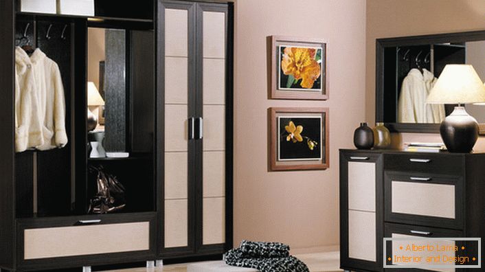 Klasická kombinácia čiernej a bielej pre chodbu. Modulárny nábytok je možno najviac praktickou voľbou pre chodbu. 