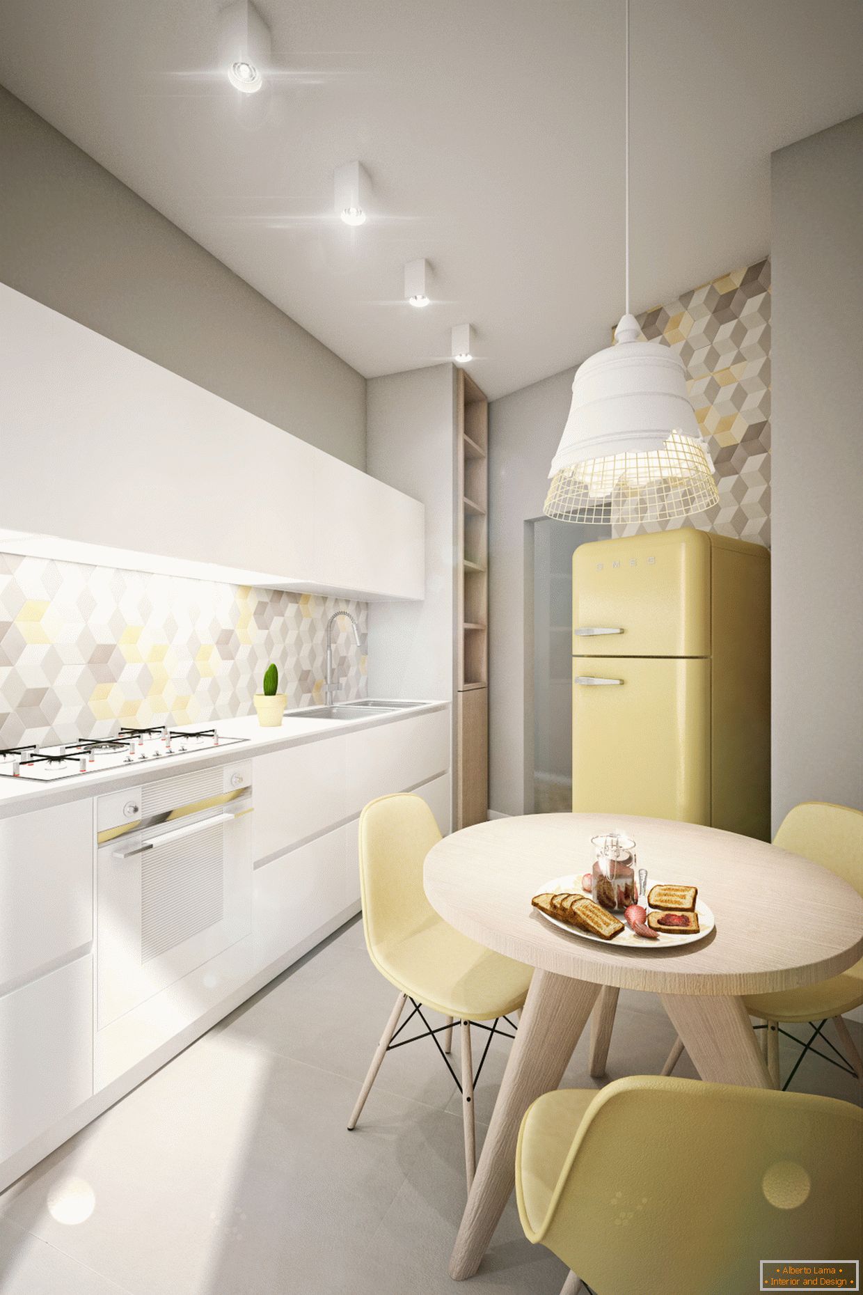 Dizajnový apartmán v pastelových farbách: kuchyňa