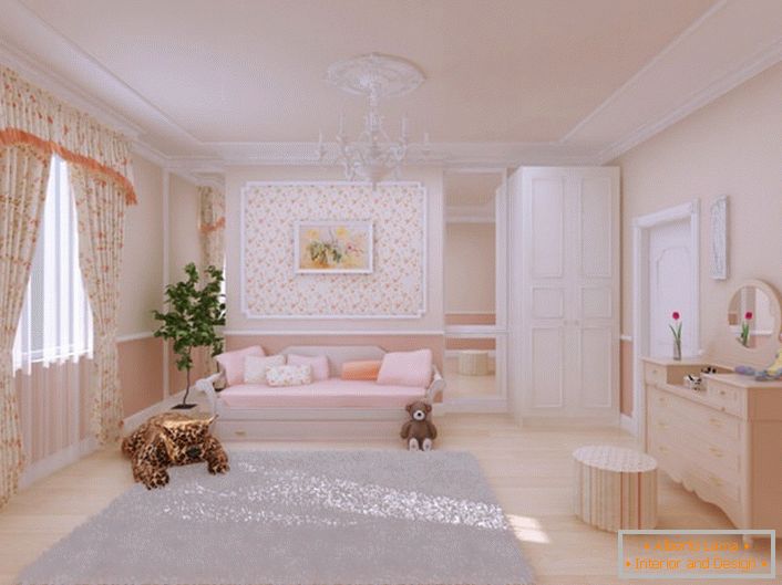Krásna detská izba je zariadená v štýle country. Na dekor sa používa aj štuk z polyuretánu. 